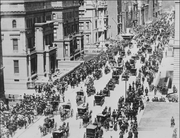 Streets of New York City in 1900 with horse drawn traffic